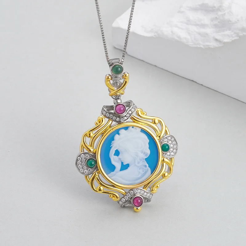 Blue Agate 925 Silver Two Tone Plated Luxury Pendant For Women Zircon Goddess Head Cameo Chic Necklace Pendants Without Chain