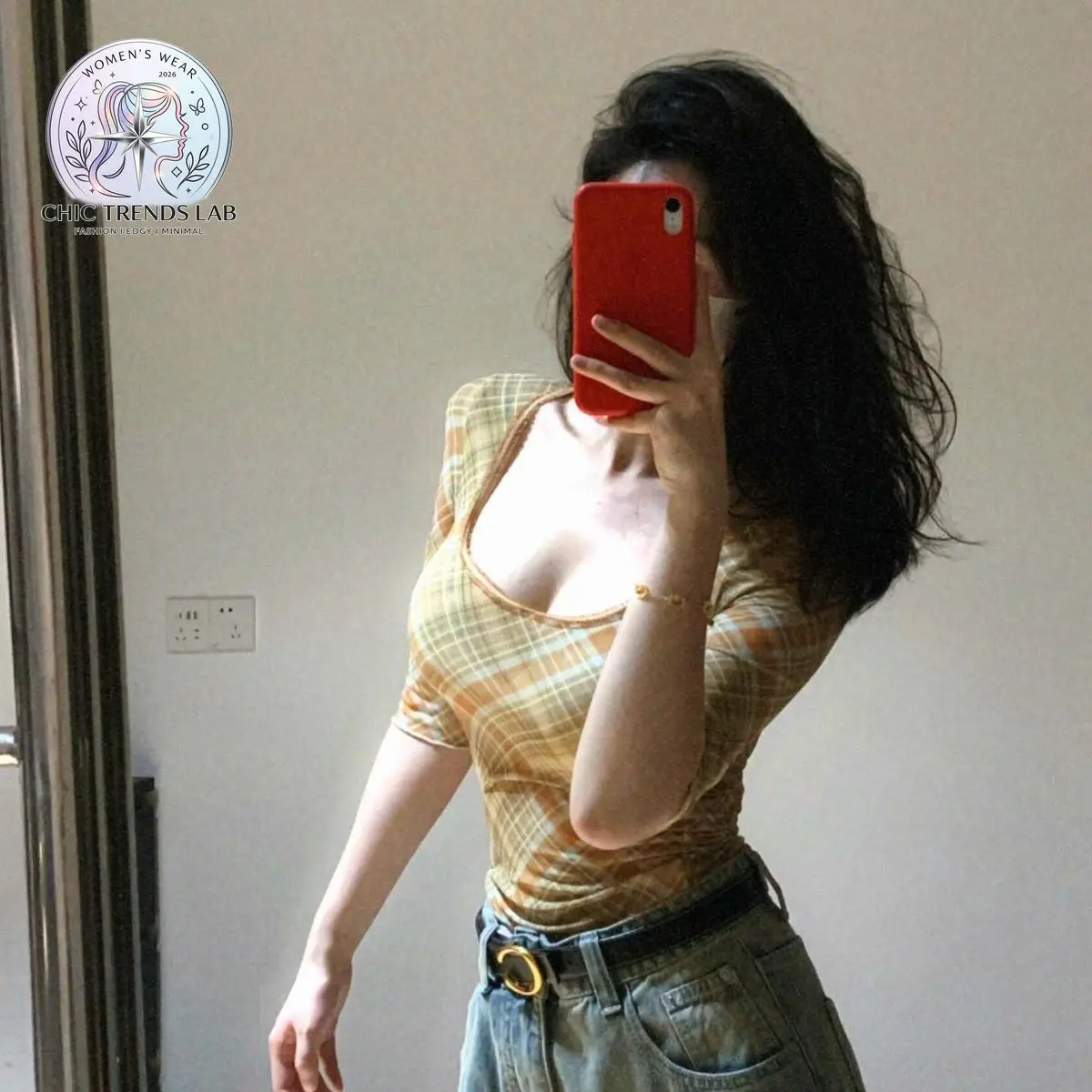 Y2K Plaid Knit Short Sleeve Top Women Retro Yellow Checkered Scoop Neck T Shirt 90s Preppy Cottagecore Aesthetic Slim Fit Tee