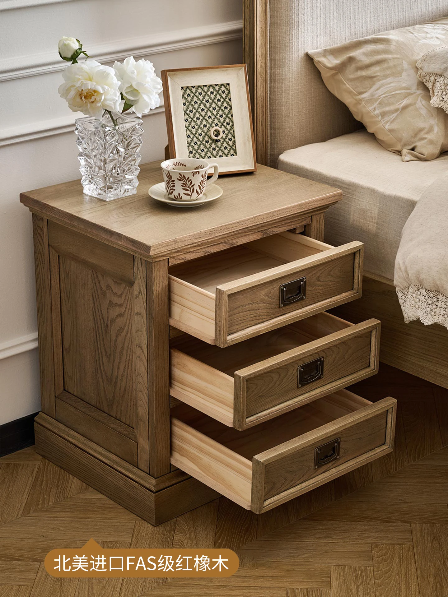 LMM solid wood bedside table red oak log three drawer bedside table