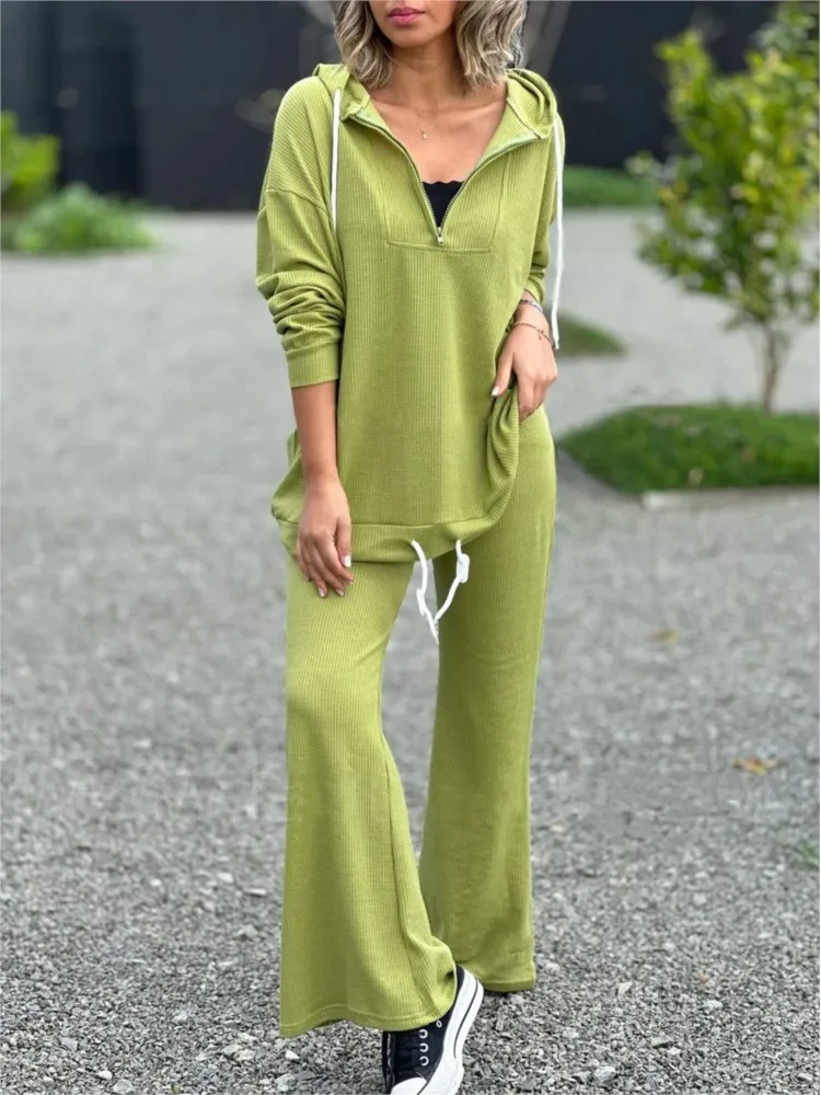 Female Solid Color Hoodie Suit Autumn Winter Fashion Half Zipper Long Sleeves Pullovers Flared Pants Two-piece Set Lady Outfit