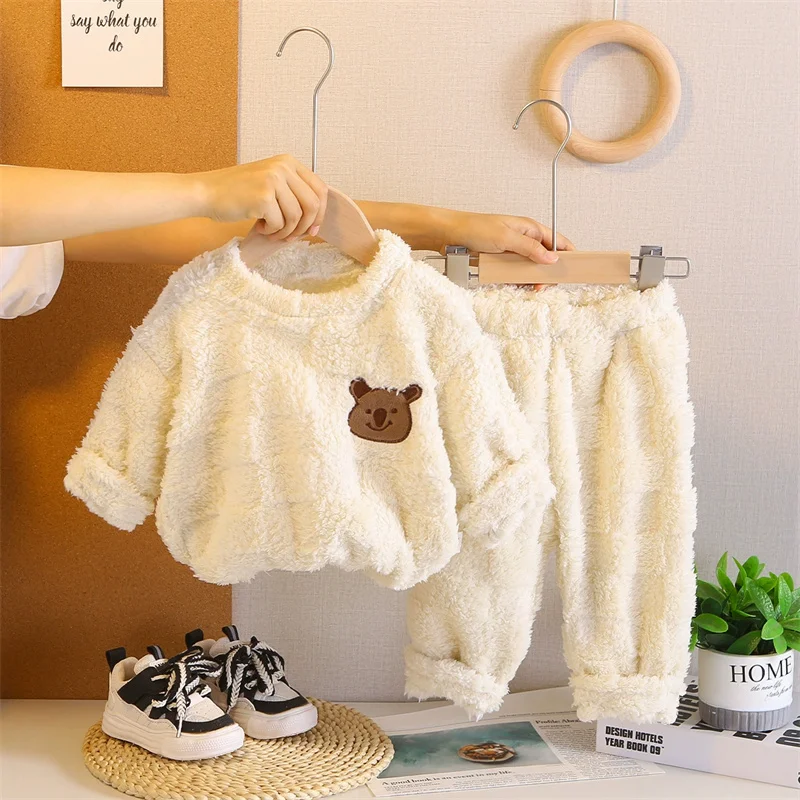 Children's Pyjama Sets Girls Fleece Suit Boys Thickened Top Pants 2Pcs Winter Warm Cartoon Outfits Autumn Baby Casual Sleepwear