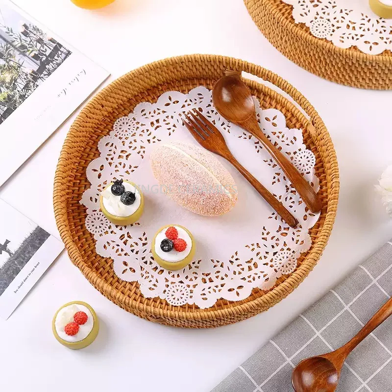 1pc Round/Square/Hexagonal Vine Tray, Chinese Tea Set Tray, Japanese Bread Basket, Rattan Woven Trays, Kitchen Storage Supplies
