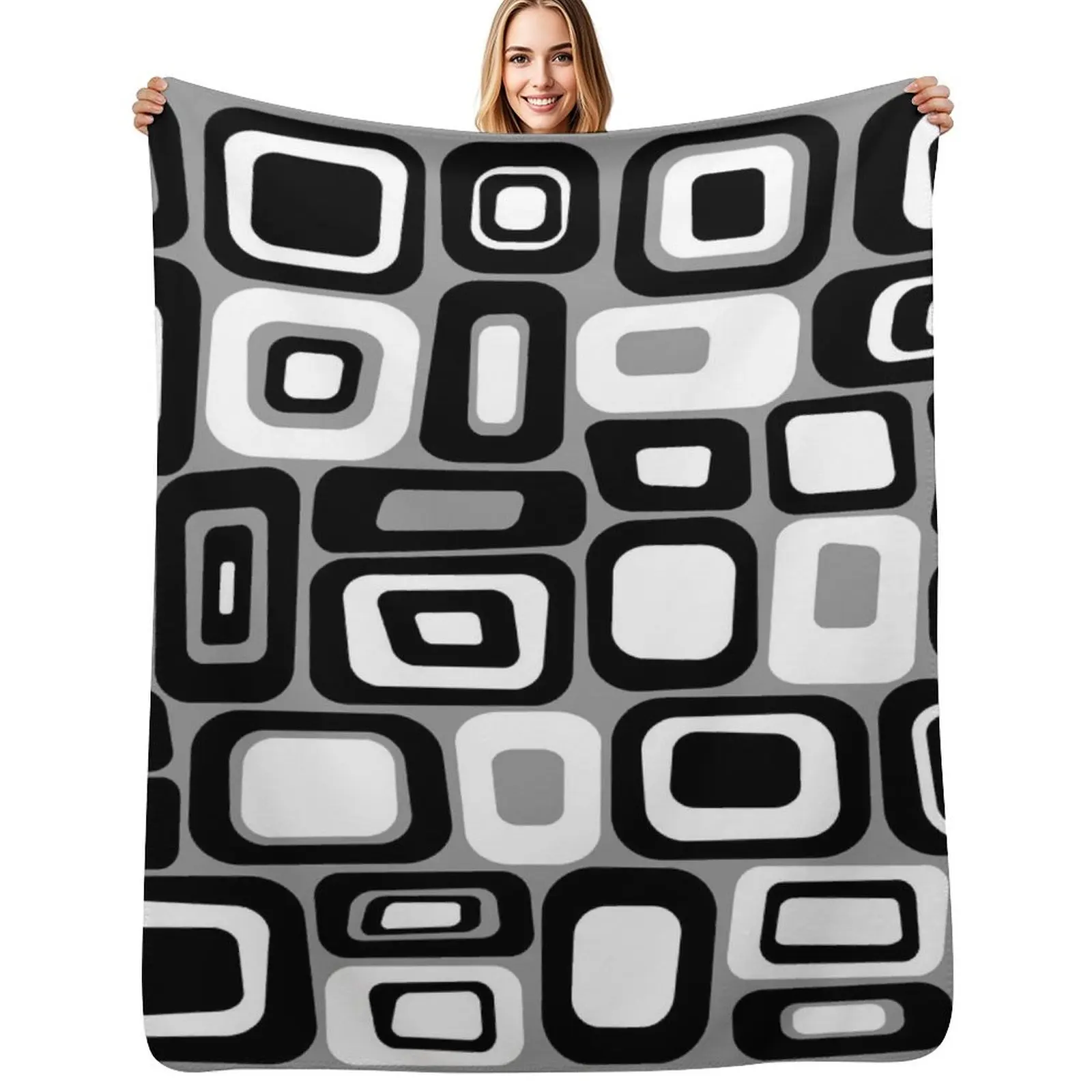 Gray, Black and White Modern Retro Geometric Mid Century Design Throw Blanket Flannel Fabric Flannels Thin Blankets