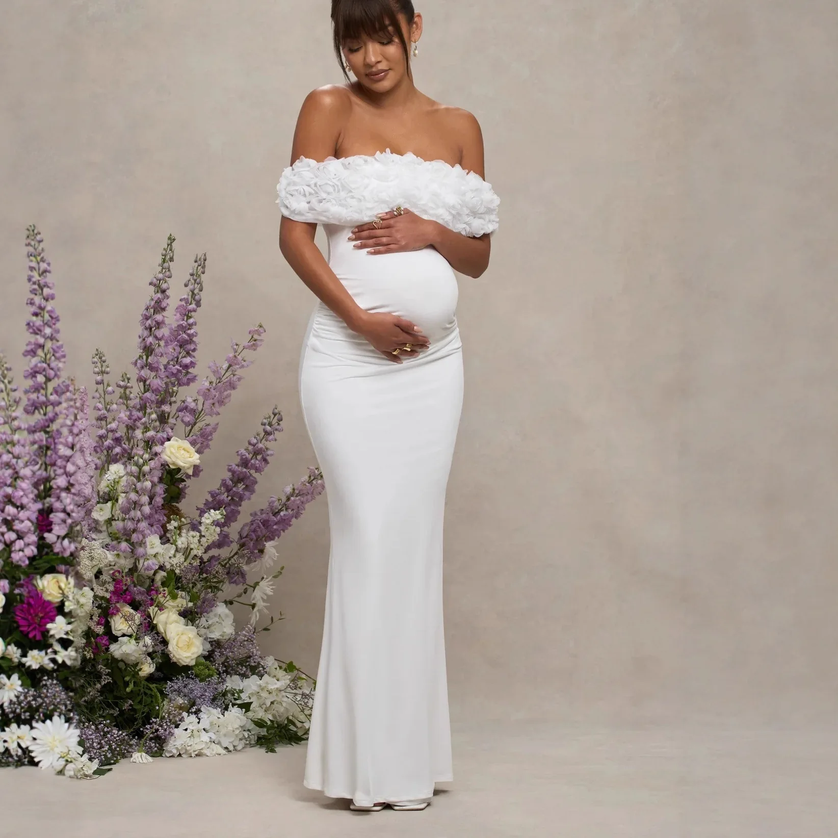 

White Pregnant Prom Dress 3D Flower Sexy Off Shoulder Full Sleeves Pregnancy Party Bridal Gown Formal Wedding Birthday Robe