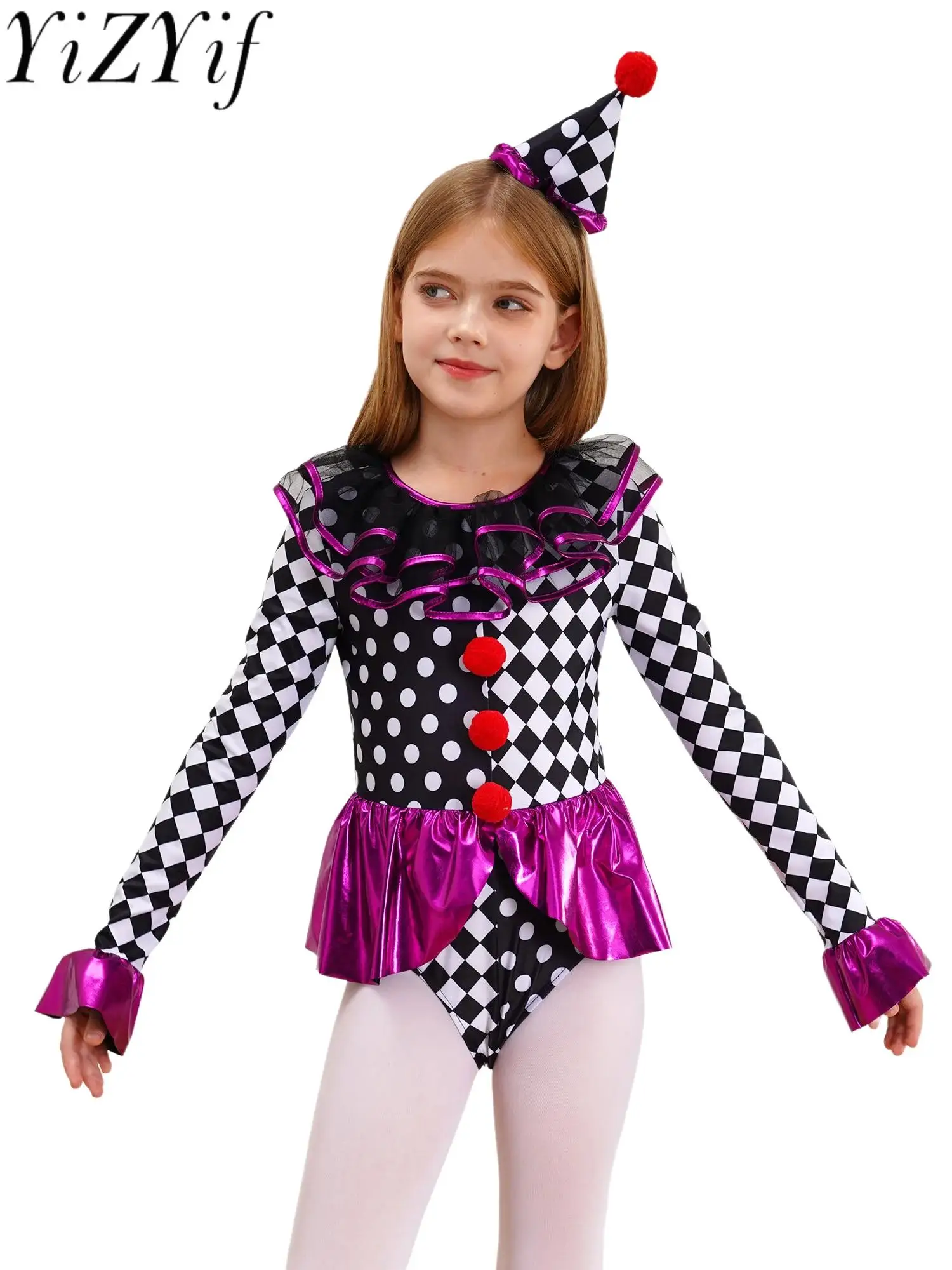 

Girls Halloween Circus Clown Costume Carnival Theme Party Cosplay Dress Up Long Sleeve Checkerboard Print Pom Poms Jumpsuit