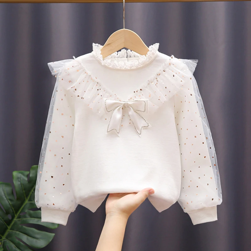 

2024 New Spring and Autumn Middle School Children's White Bottom Shirt Children's Long Sleeve Pure Cotton Bubble Sleeve Lace Top