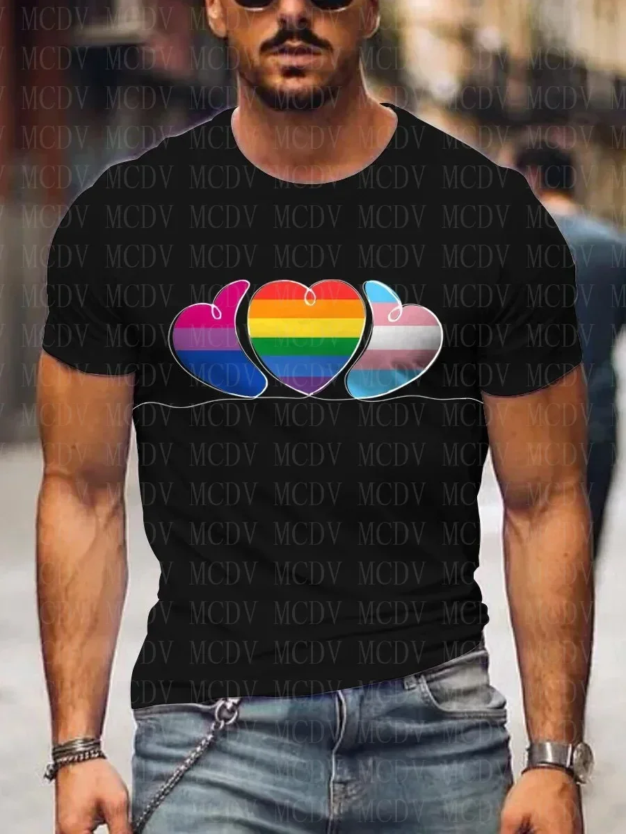 

Men's Rainbow Three Hearts With Casual Print T Shirts Summer Tees Tops The Colorful The Best He Him Hole LGBT3D Printed T Shirt