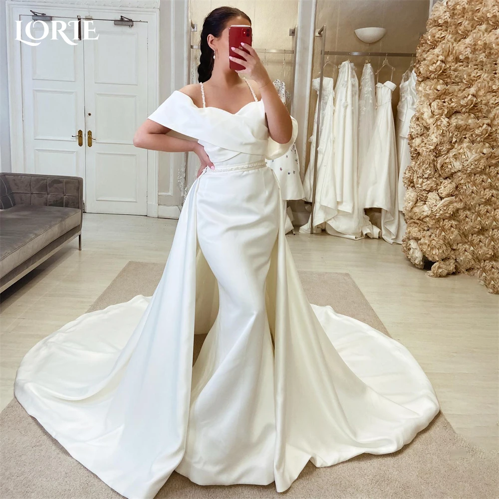 LORIE Pure Satin Mermaid Wedding Dresses Spaghetti Straps Off Shoulder Bridal Gowns With Overskirt Backless Bride Dress 2024