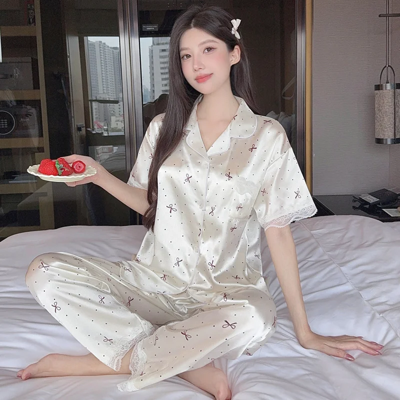 Sweet style lapel button simulation silk home clothes for women, polka dot bow print lace border short sleeved pants pajamas