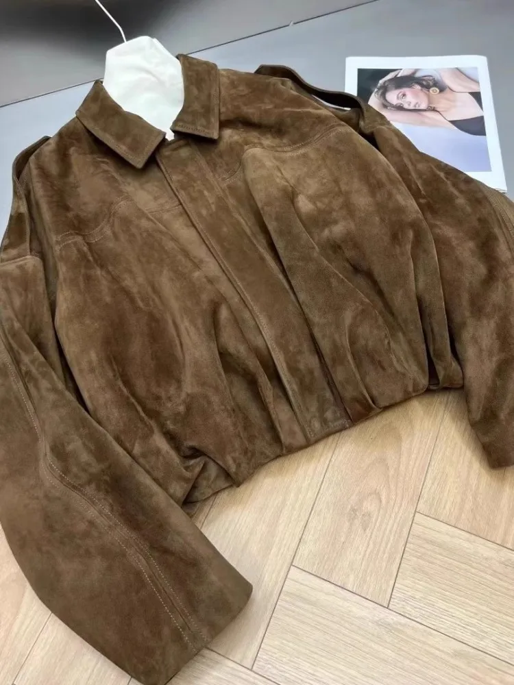 Echtes Leder Wildleder Dame Jacke Batwing Hülse Oberbekleidung Turndown Kragen Schaffell Kurze Jacken Herbst Luxus Lose Fit Mantel