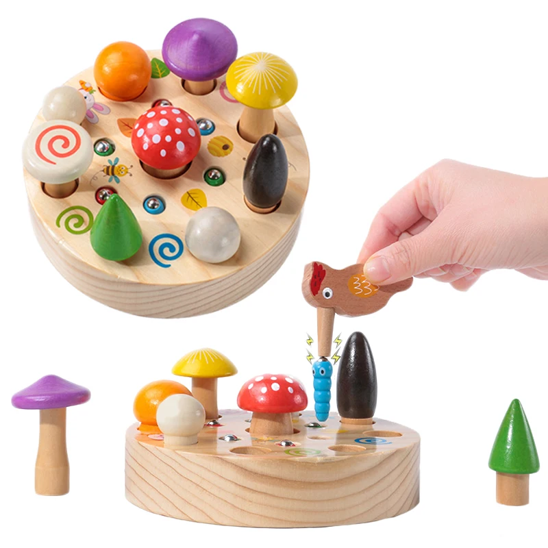 

Montessori Toys Wooden Woodpecker Catching Worms Mushroom Picking Toys Fine Motor Skills Learning Educational Toys for Children