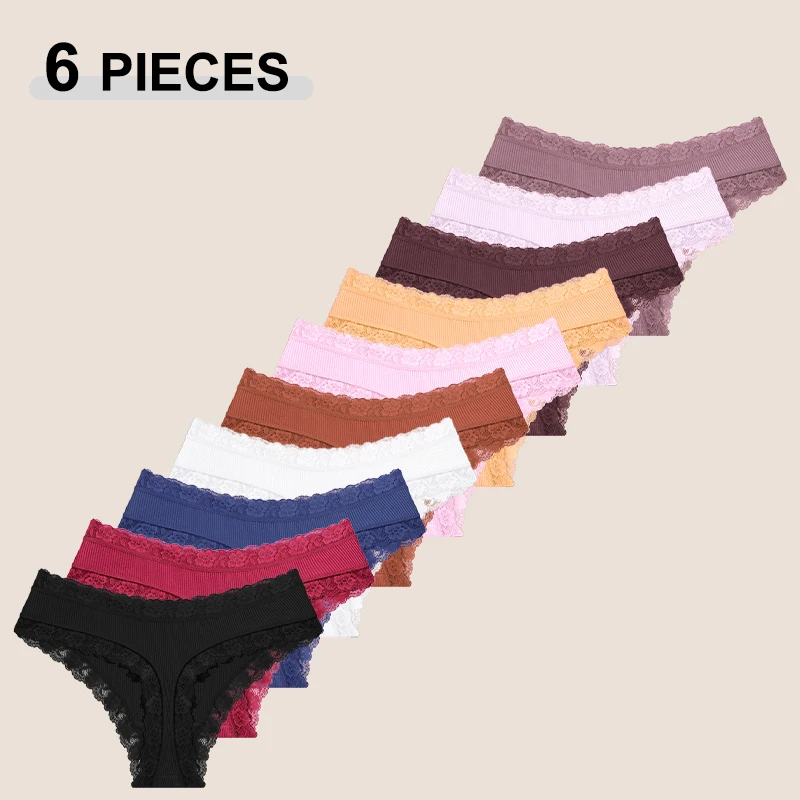 6 Stück/Set Baumwoll-Patchwork-Spitzenhöschen für Damen, einfarbig, atmungsaktiv, niedrige Taille, G-Strings, Unterwäsche, weiche, bequeme Tangas