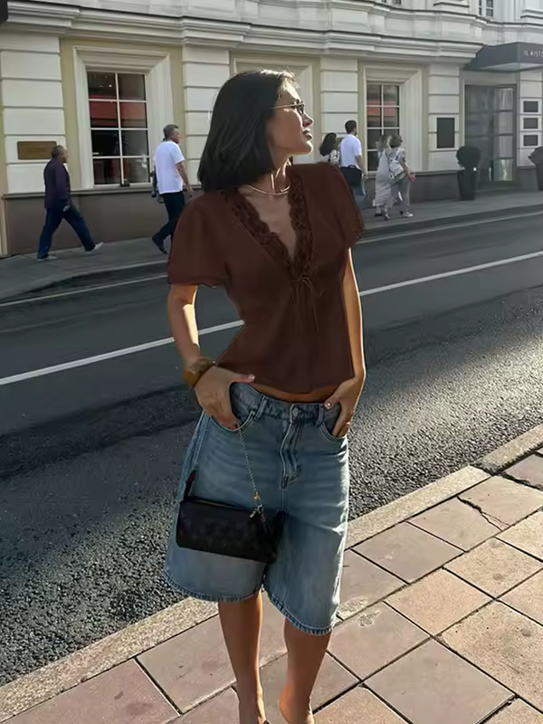 CNYISHE Lace Patchwork Solid Short Sleeve Tops for Women V Neck Sheath Fashion Tees Female Sexy Club T-shirts Elegant Casual - Image 3