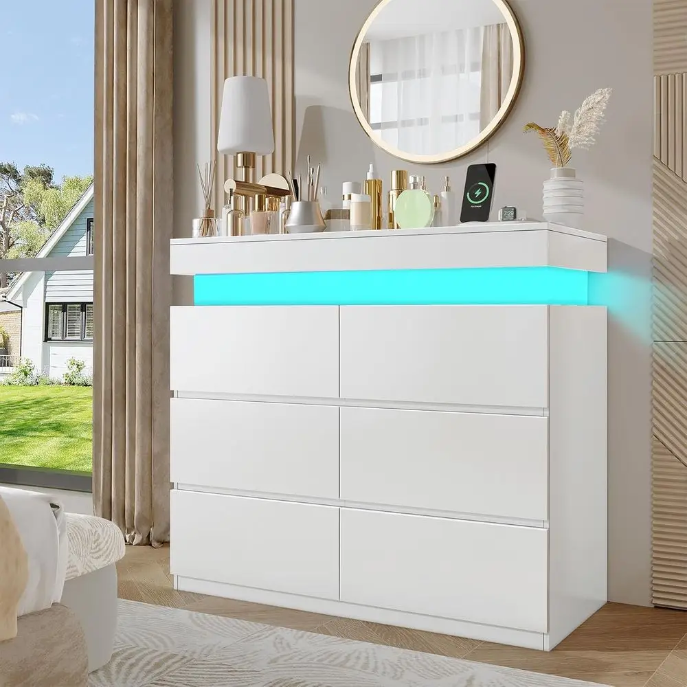 

Double Wide Storage Cabinet with Floating LED Lights & Charging Station, Ideal for Bedroom or Living Room
