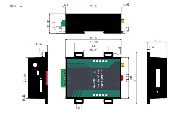 4G DTU Module Cat-1 Connectivity Dual-Channel MQTT Gateway Edge Computing RS-232/485 Isolation Model USR-G771 for Remote Alarm