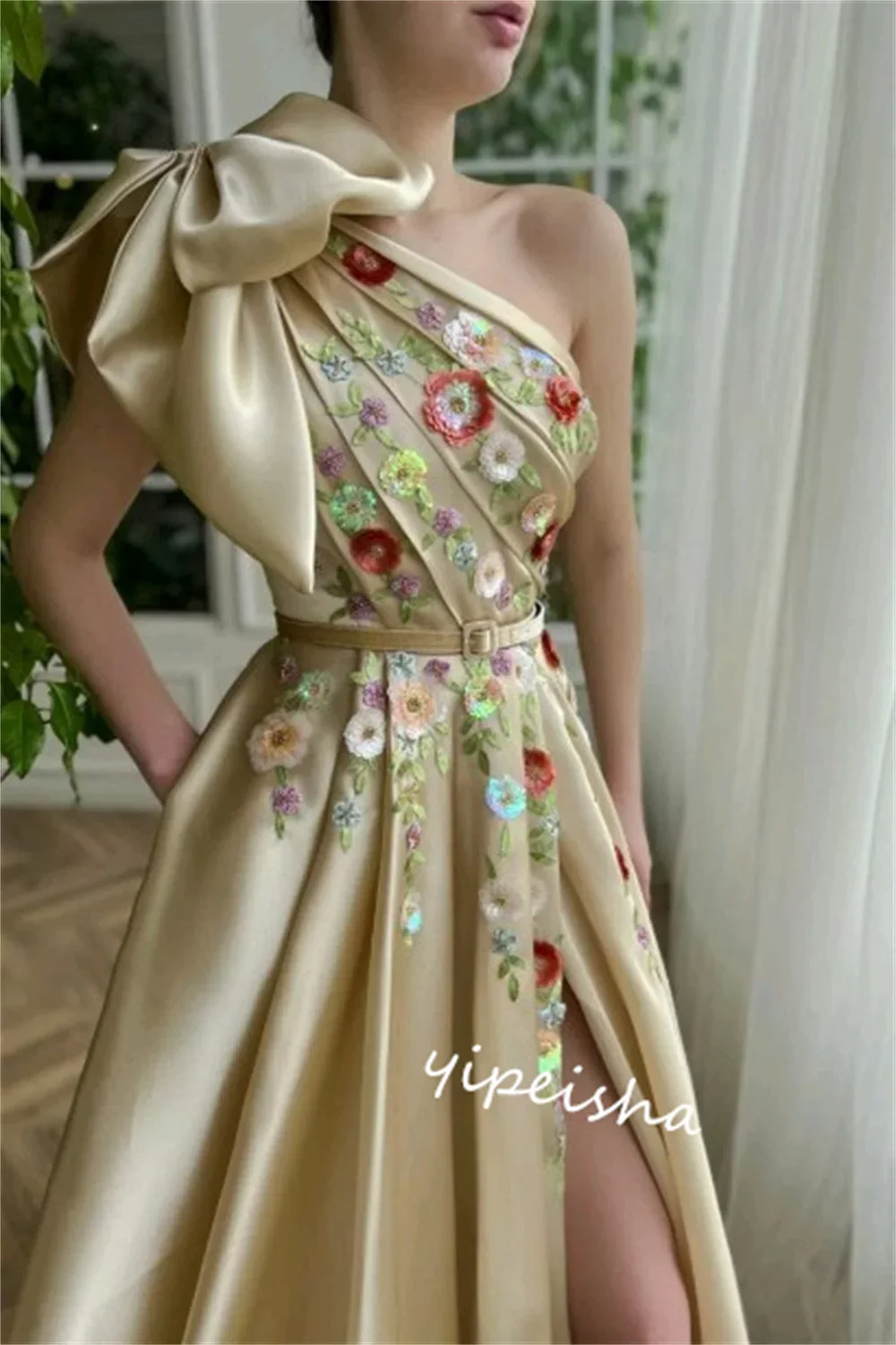 Customized S Draped Bow Applique Party Ball Gown One-shoulder Bespoke Occasion  Long Dresses