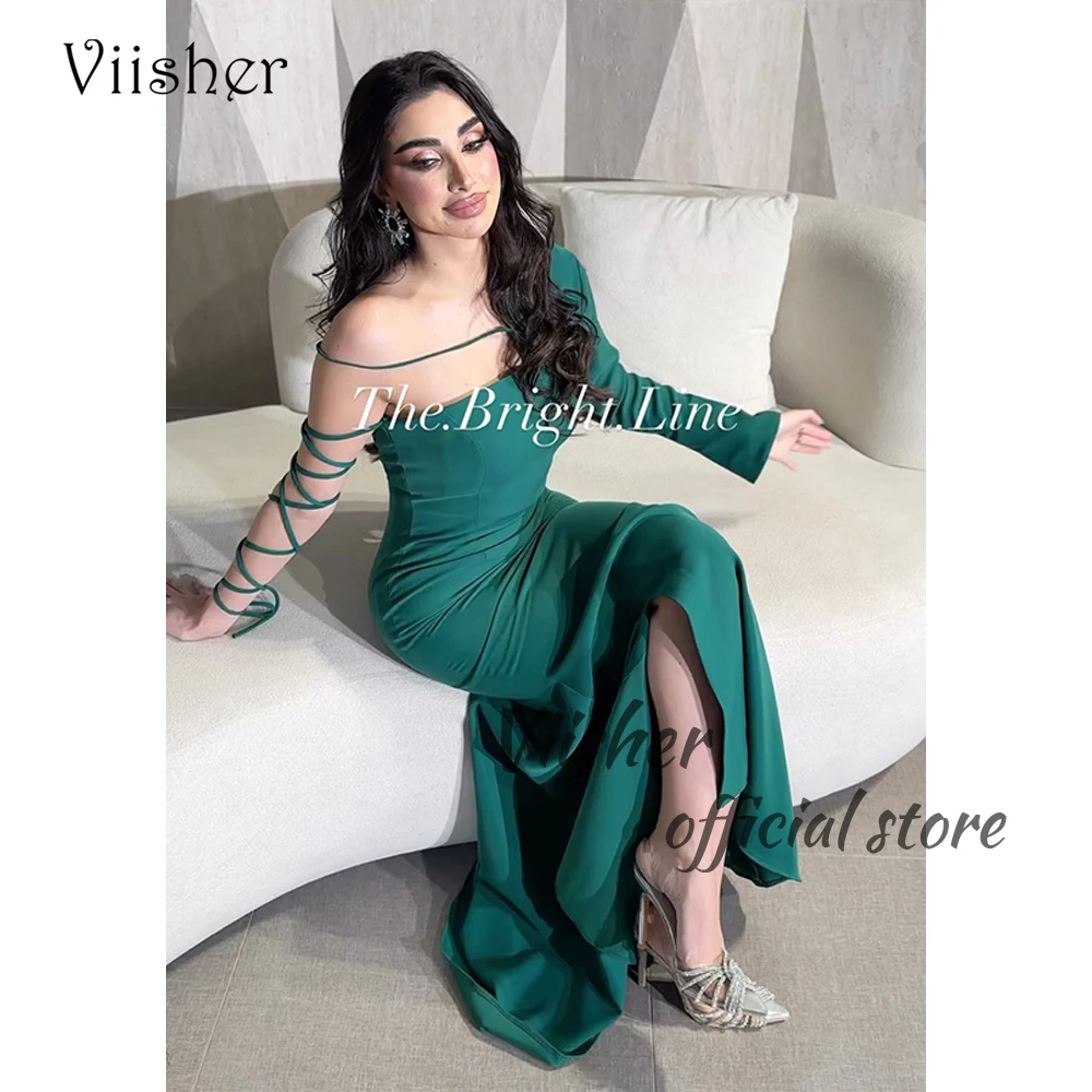 

Viisher Arabian Dubai Mermaid Evening Prom Dresses One Sleeve Spandex Satin Formal Dress with Slit Elegant Occasion Party Gown