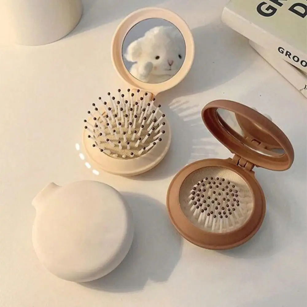 Dual Fold Design Air Cushion Comb Lightweight Plastic with Mirror Mini Hair Brush Multifunctional Makeup Mirror for Women