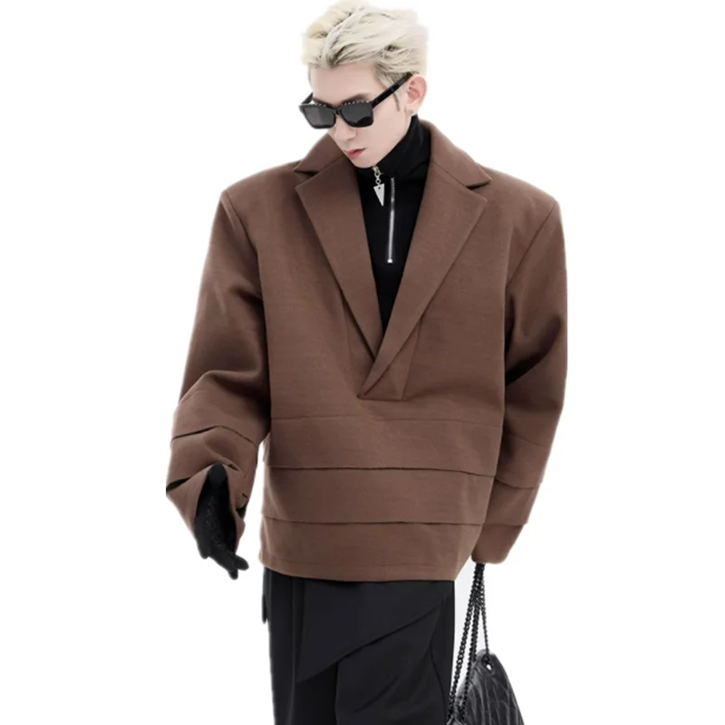 2023 Fashion woolen suit men winter casual retro loose cut men's thick warm suit coat tide