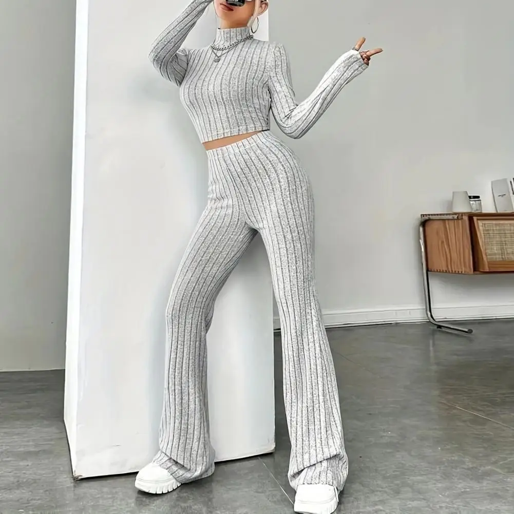 

Slim Fit Tops Pants Set Elegant Knitted Winter Outfit Turtleneck Cropped Top High Waist Flared Pants Women's Slim Fit Ribbed