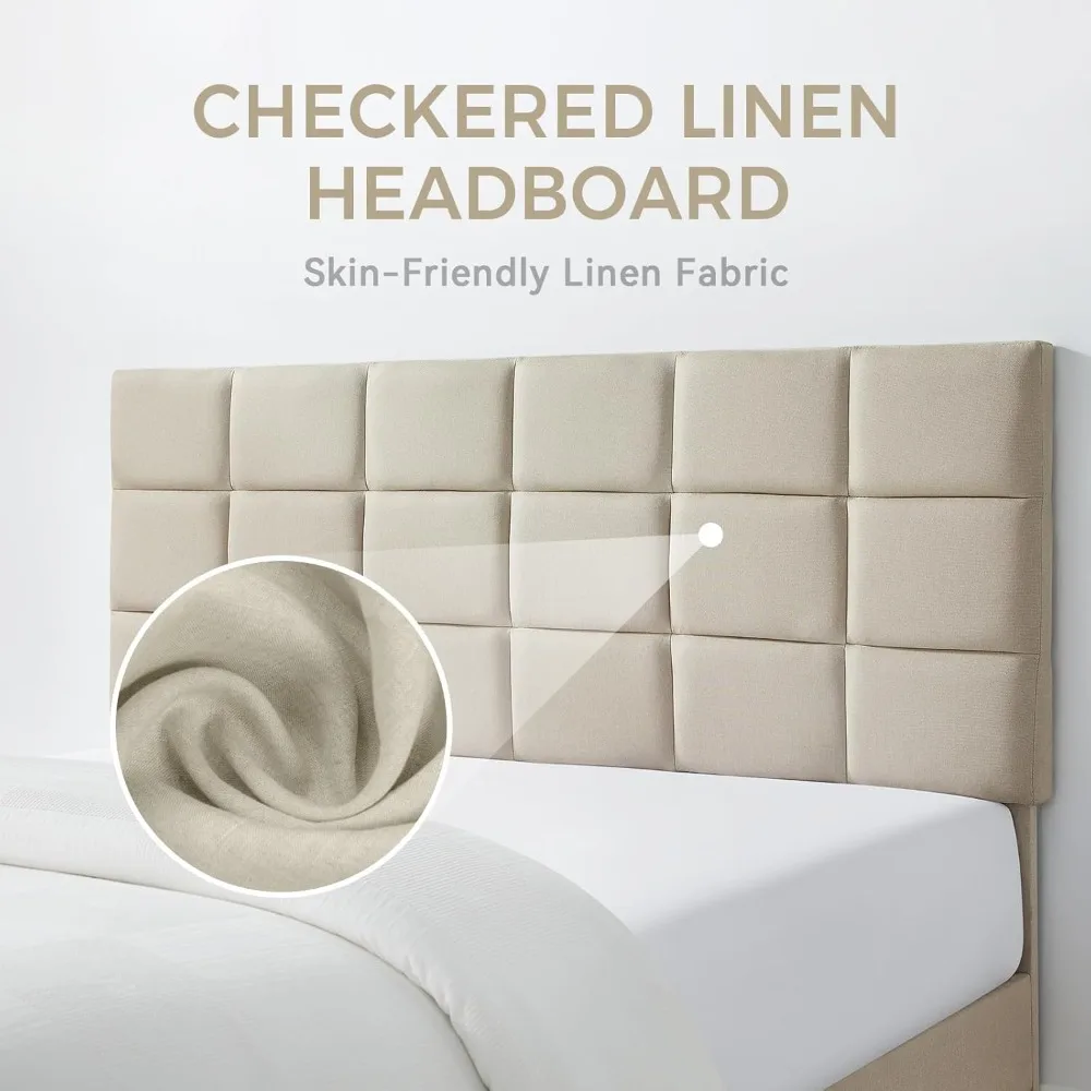 Cabeceira estofada de linho, estrutura de cama de tamanho completo com suporte de ripas de madeira para fácil montagem e sono silencioso