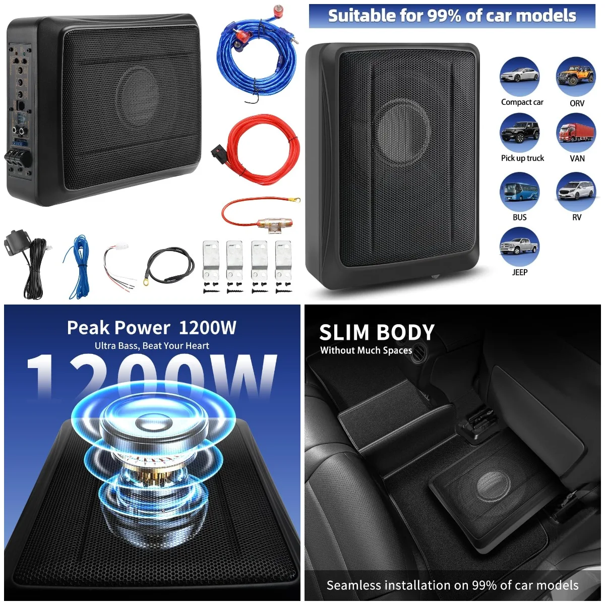 

10' 1200W Car Subwoofer with Amp, 220W RMS, Slim Under Seat, Black