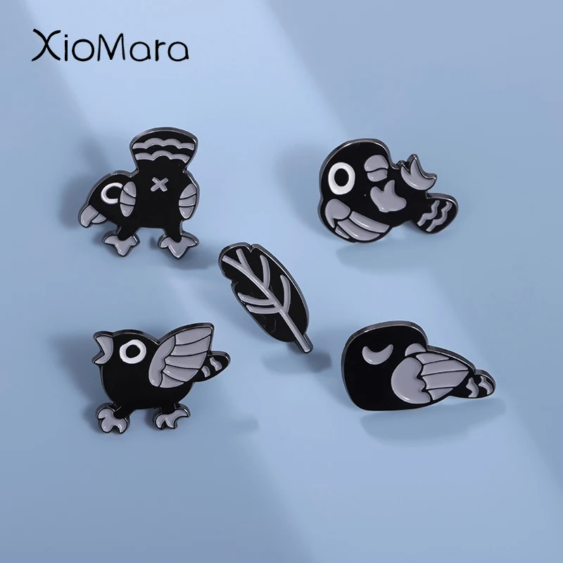 Cartoon Black Crow Brooch Enamel Pins Custom Cute Animals Decorative Pin Lapel Badges Collar Pin Jewelry Gift for Kids Friends
