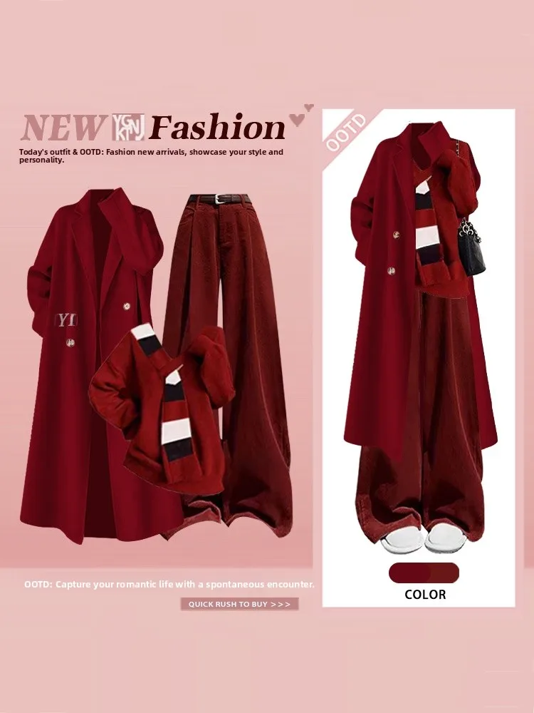 

Red Winter New Year Knitted Set Wide Leg Pants Woolen Coat High Waist Trousers Long Sve Striped Pattern Faionable Outfit