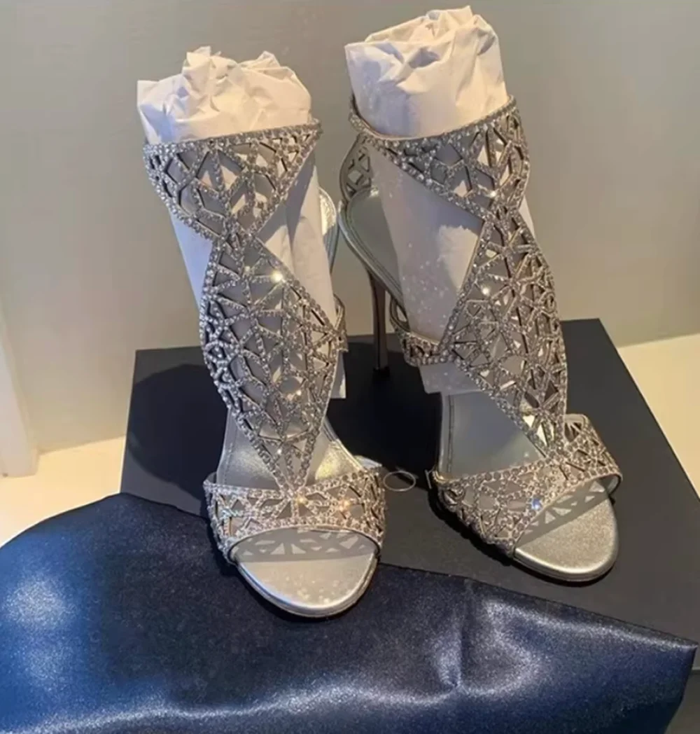 Rose Gold Crystal-Embellished Stiletto Sandals Sexy Cutout Design Round-Toe Open-Toe Slim High Heel for High-Fashion Evening