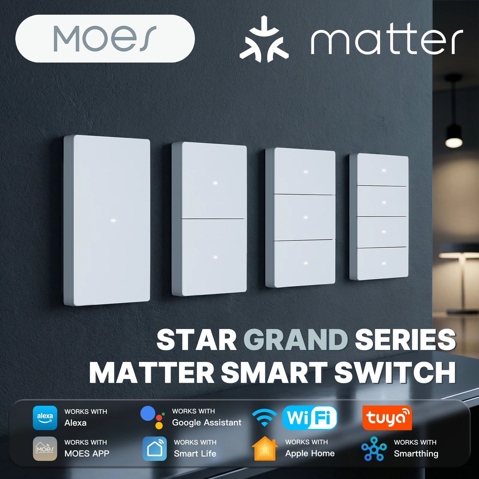 Moes Star Grand Series Matter WiFi 1‑4 Gang US Version Smart Wall Switch HomeKit Alexa Google Home Tuya Voice Control