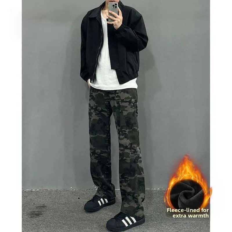 Retro Velvet Camouflage Jeans Micro-pull Tooling Men's High Street Slim-fit Long Pants Wide Leg Denim Clothing Jeans for Men