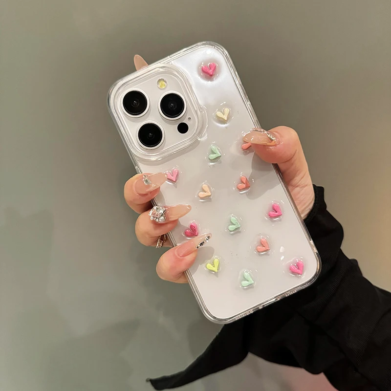 

Cute 3D Color Love Heart Epoxy Phone Case for iPhone 15 14 13 12 Pro Max 11 Heart Clear Shockproof Soft Shell