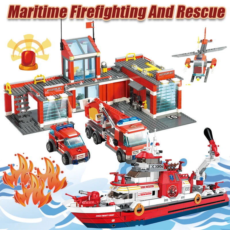 MOC City Coastal Rescue Firefighting Ship Fire Department Accessories Building Firefighter Model educational Blocks Bricks Toys