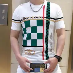 2022 High Quality Knitting Lattice Jacquard Men's T-Shirt Fashion Hot Drill Slim Fit Round Neck Knitting Short Sleeve Tee Shirts
