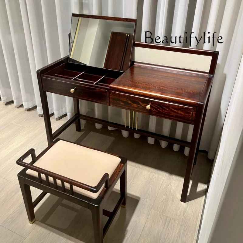 

New Chinese Ebony Solid Wood Dresser Makeup Stool Combination Zen Makeup Table Villa Size Apartment Bedroom Furniture
