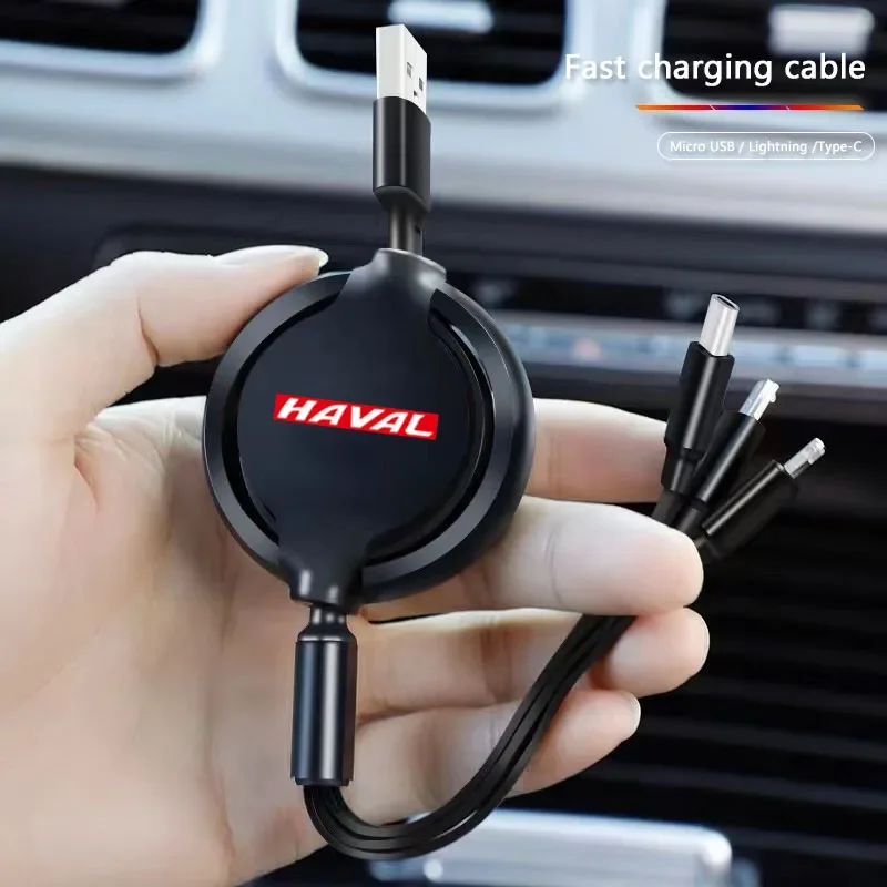 3 in 1 Retractable Fast Charging Cable Micro USB Type-C Cord for Haval Dargo H6 H9 M6 F7 F7X, Multi Port Car Phone Charger Auto
