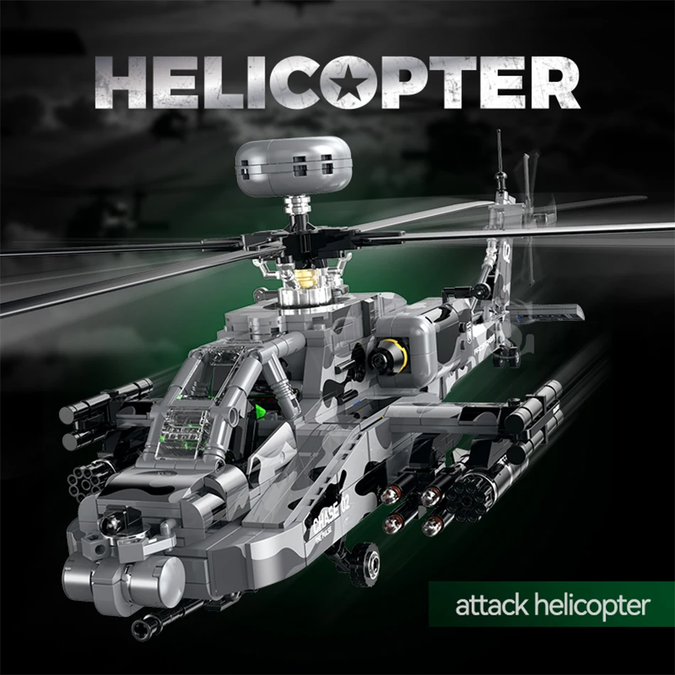 1116 PCS AH-64 Apache Attack Helicopter Model Building Blocks Set Creative Military U.S. Army's Gunship Bricks Toys Adults Gifts