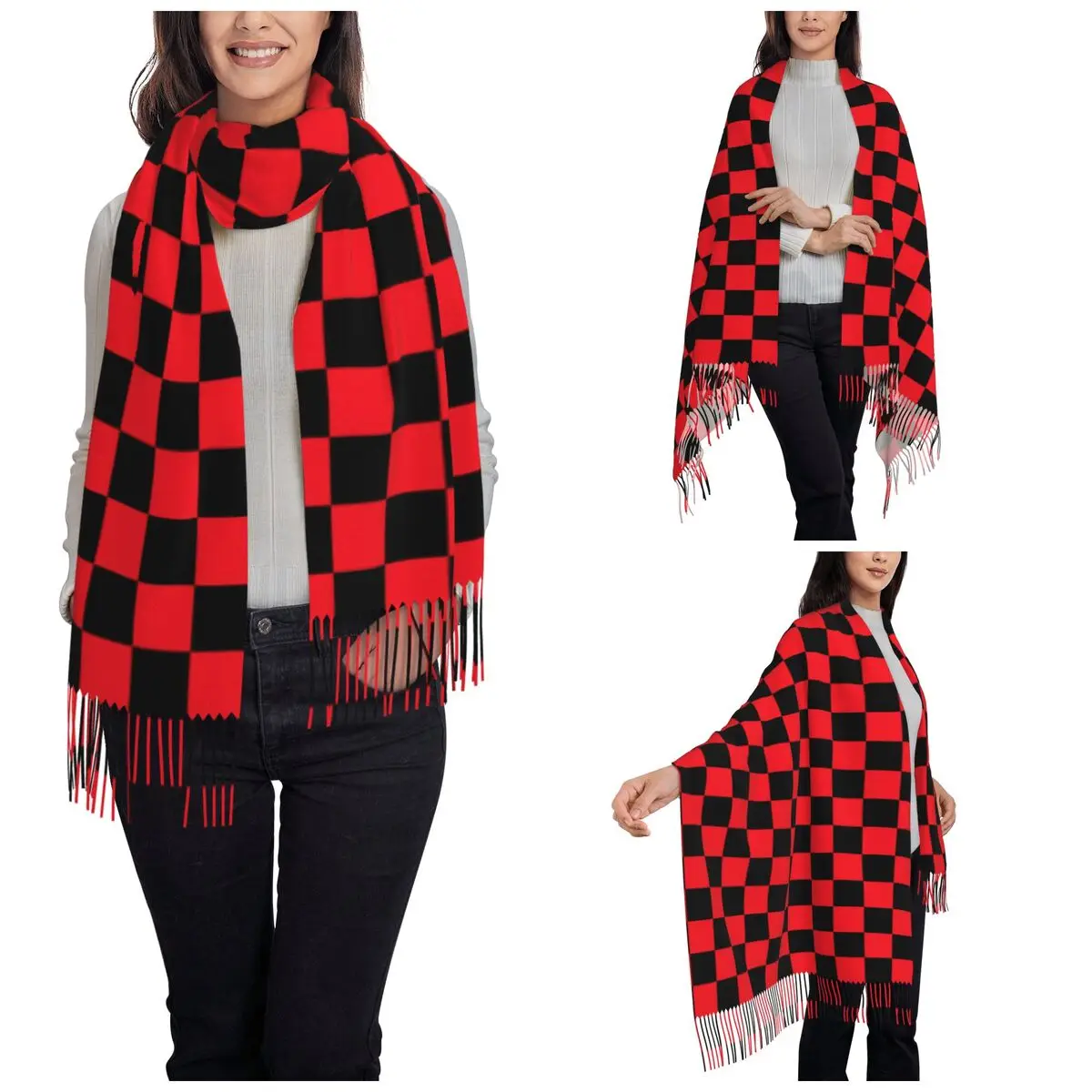 Red Checkerboard Shawl Wraps Womens Winter Warm Long Soft Scarf Nodic Geometry Christmas Neckerchief Shawl Scarves