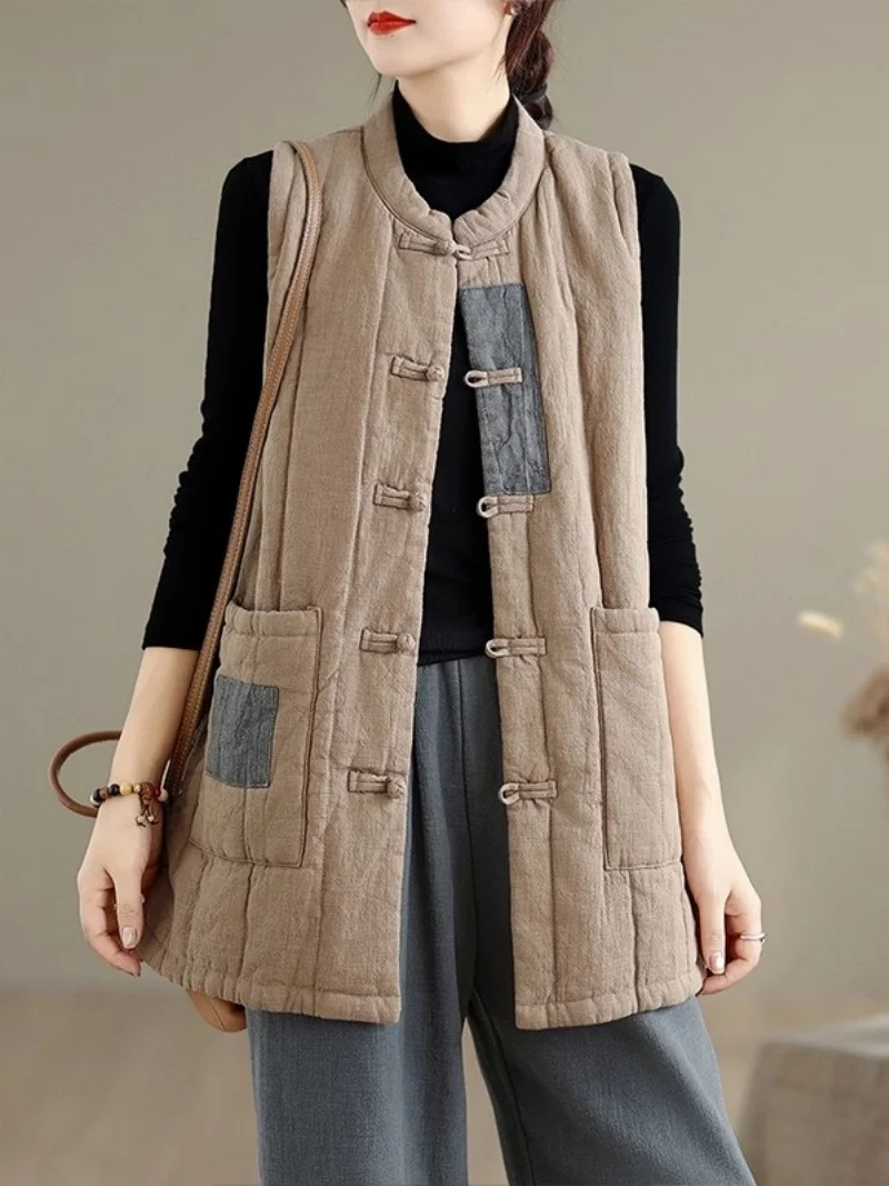Cotton And Linen Vest  2025 Autumn Winter New Zen style Women's Clothing Loose Warm Sleeveless Quilted Jacket w1022