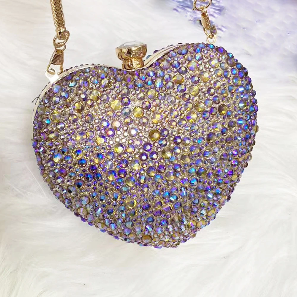 حقيبة يد فاخرة من أحجار الراين الكريستالية على شكل قلب للنساء - حقيبة يد لحفلات الزفاف والسهرات وحقائب يد مرصعة بالأحجار اليومية