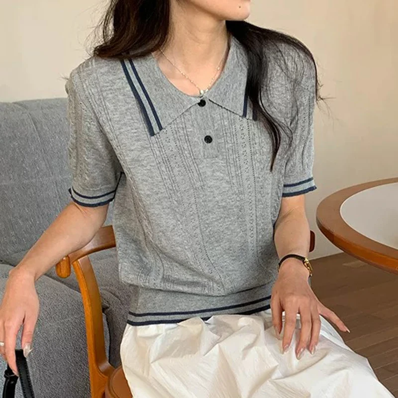 Short Sleeve Polo Neck Knit Top Women Polo Sweater Crop Polo Shirts Teen-girl Summer 2026 Golf Chic Retro Preppy Tennis Core - view 2