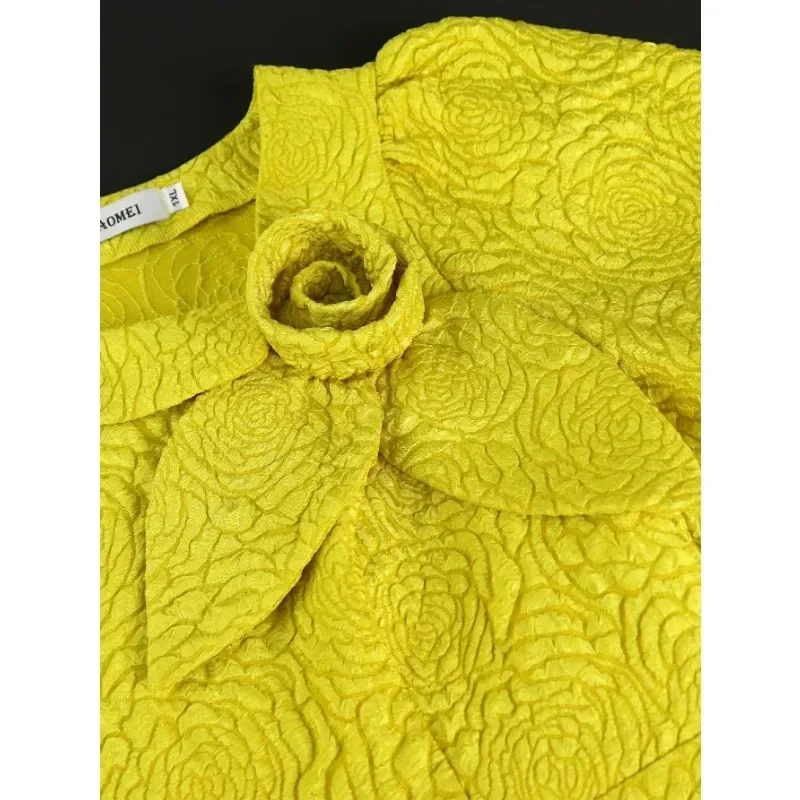 Women Elegant Yellow Jacquard A-line Dres Diagonal Collar Short Puff Sleeve High Waist Prom Evening Celebrate Gown 2025