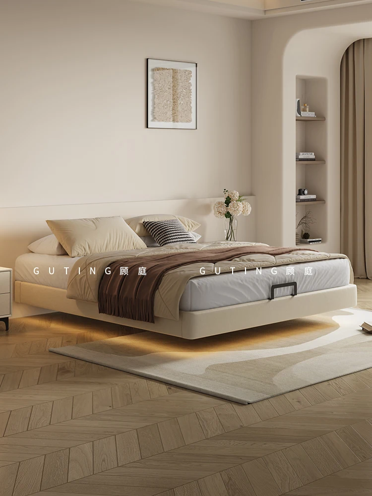 

No bedside suspended bed modern simple beech row skeleton bed shelf cream wind master bedroom double flush edge leather bed