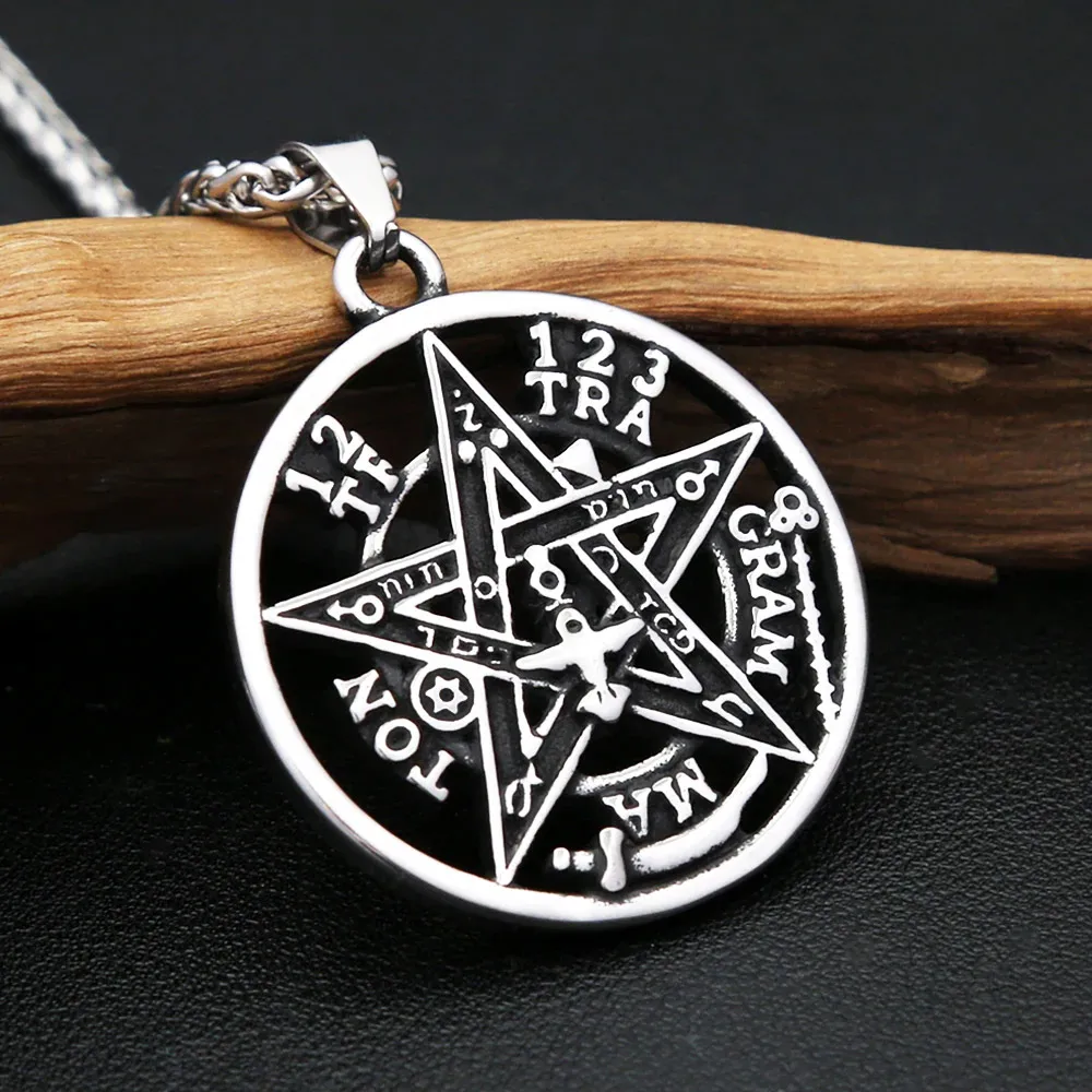 Retro Witchcraft Pentagram Pendant Necklace Jewish Hebrew Tetragrammaton Amulet Stainless Steel Fashion Jewelry Accessories