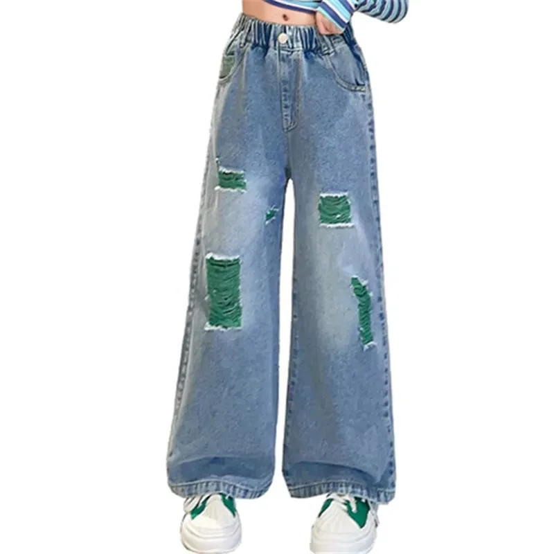 

2025 Spring Kids Ripped Jeans With Hole For Girls Straight Fit Destroyed Denim Pants Child Street Trendy Vintage Jeans Trousers