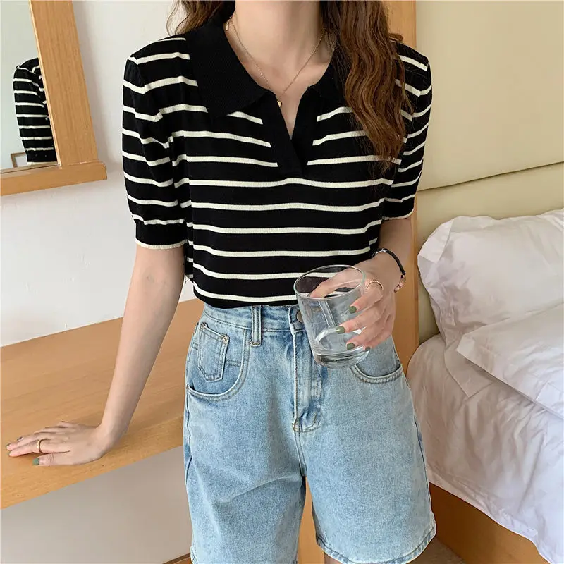 Summer New Ice Silk Striped Knitting Tops Polo Neck Short Sleeve Loose All-match Pullovers Vintage Fashion Women Clothing