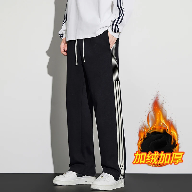 5XL Student Casual Pants Men's Plus Size Autumn Winter Loose Straight Side Striped Webbing Sports Pants Thickened Warm Joggers