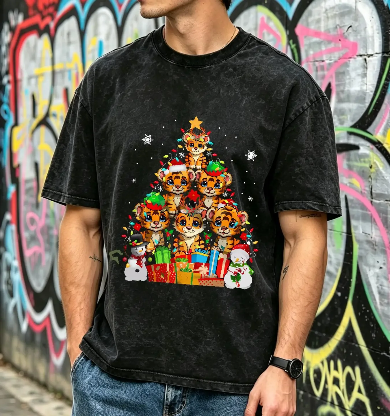 washed T Shirt Tiger Christmas Light Tree Shape Santa Elf Reindeer Zoo Animal Snowman S vintage Washed Slightly Soft Stretched