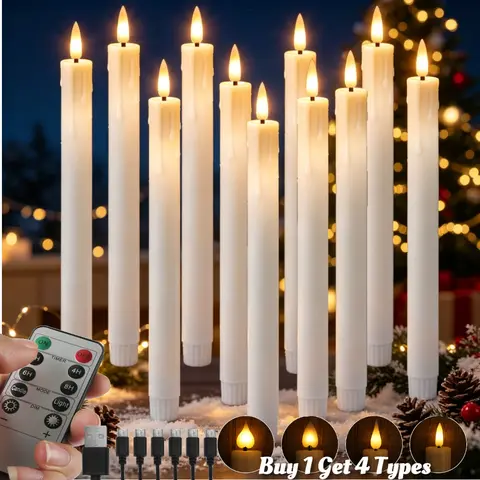 6/12Pcs Rechargeable Flameless Taper Candles with Remote 4 Type Head 3D Wick Taper with Timer Flickering Function for Home Wedding Birthday Christmas Decoration