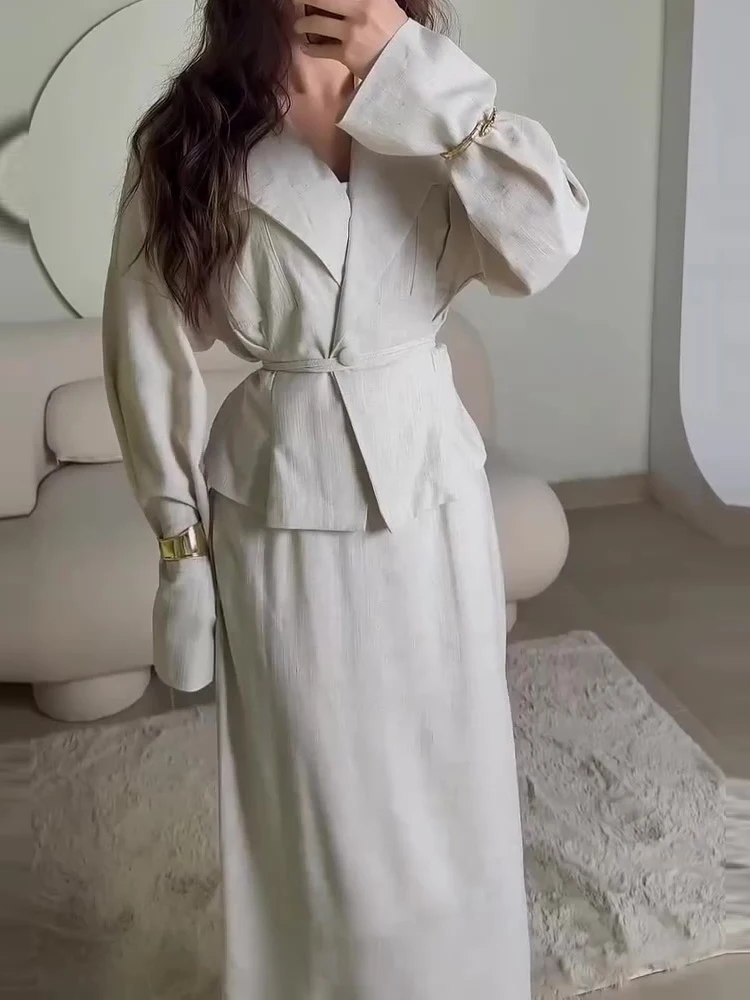 

Autumn Winter Lace Up Solid Office SuitSimple Casual Party Outfit Women Lapel Collar Long Sleeved Jacket and Skirt Two Piece Set